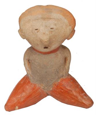 Lot 337 - A NAYARIT (MEXICO) CHINESCO POTTERY FIGURE of a seated girl with red glazed decoration