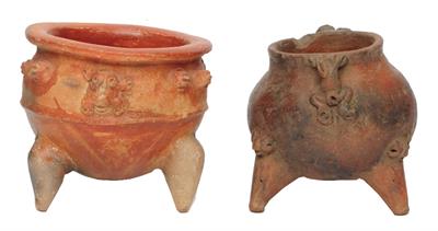 Lot 341 - THREE COSTA RICA TERRACOTTA POTTERY TRIPOD VESSELS each of ovoid form and decorated raised frogs