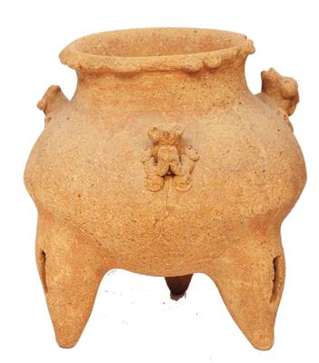 Lot 342 - A COSTA RICA BUFF POTTERY TRIPOD VESSEL of ovoid form with zoomorphic motifs