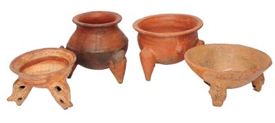 Lot 343 - A GROUP OF FOUR COSTA RICA TERRACOTTA POTTERY TRIPOD VESSELS of ovoid form with incised and slip