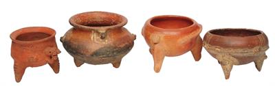 Lot 344 - A GROUP OF FOUR COSTA RICA TERRACOTTA POTTERY TRIPOD VESSELS of ovoid form with incised and moulded