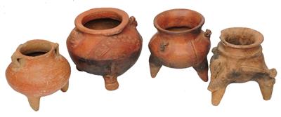 Lot 345 - A GROUP OF FOUR COSTA RICA TERRACOTTA POTTERY TRIPOD VESSELS of ovoid form with zoomorphic handles