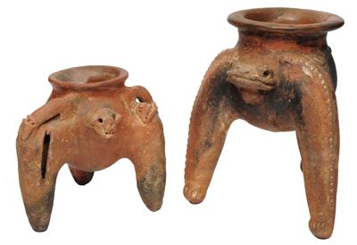 Lot 348 - TWO COSTA RICA TERRACOTTA POTTERY TRIPOD VESSELS each with stylised zoomorphic ornament on splayed