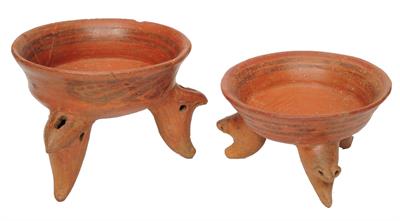 Lot 350 - TWO COSTA RICA TERRACOTTA POTTERY TRIPOD BOWLS with zoomorphic supports and simple slip work