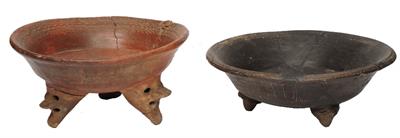 Lot 351 - TWO COSTA RICA LARGE POTTERY TRIPOD BOWLS with incised geometric panels on zoomorphic supports