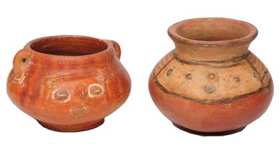 Lot 354 - TWO COSTA RICA TALAMANCAN Mts.TERRACOTTA OVOID BOWLS decorated with stylised human faces in relief