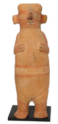 Lot 358 - A SOUTH AMERICAN TERRACOTTA FIGURE  of a standing woman with hands clasp to her breast