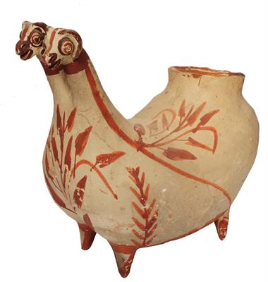 Lot 359 - A PERUVIAN TERRACOTTA VESSEL in the form of a two headed llama with red foliate decoration