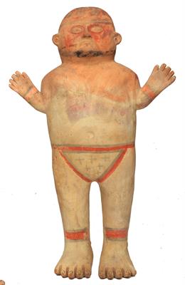 Lot 360 - A CHANCAY (PERU) LARGE CLAY STANDING FIGURE with outstretched arms and tri-colour decoration