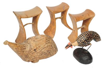 Lot 364 - THREE TURKANA CARVED WOODEN STOOLS OR HEADREST (acquired in Feb. 1981 in Kenya)