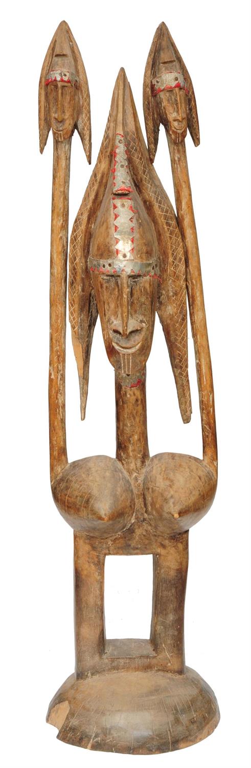 Lot 367 - A MALI BAMBARA TRIBE LARGE WOODEN PUPPET FIGURE with three heads and four pointed breasts and