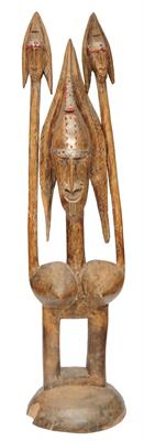Lot 367 - A MALI BAMBARA TRIBE LARGE WOODEN PUPPET FIGURE with three heads and four pointed breasts and