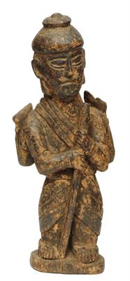 Lot 380 - A GOANESE CARVED WOODEN FIGURE of a four armed man holding a staff