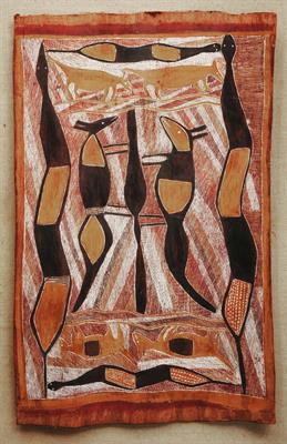 Lot 381 - AN AUSTRALIAN ABORIGINAL BARK PAINTING depicting four snakes and six marsupials of stylised form in