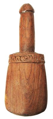 Lot 385 - A NEW GUINEA SEPIK RIVER CARVED WOODEN SAGO PESTLE with phallic handle and scrolling ornament