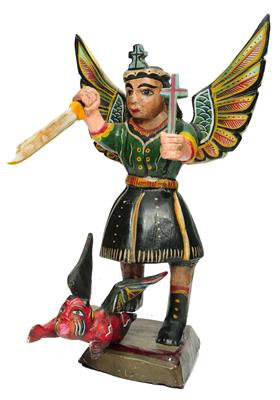 Lot 392 - A MEXICAN POLYCHROME PAINTED WOODEN FIGURE of St Miguel battling a red dragon on a stepped base