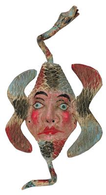 Lot 393 - A MEXICAN POLYCHROME PAINTED CARVED WOODEN SNAKE-HEAD MASK