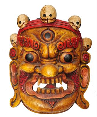 Lot 394 - A TIBETAN MAHAKALA (PROTECTOR DEITY) PAINTED MASK  with polychrome decoration and skull ornament