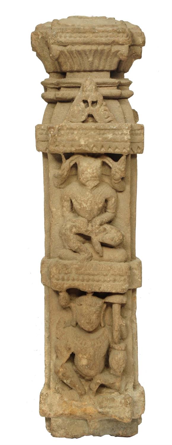 Lot 401 - AN INDIAN CARVED SANDSTONE CLASSICAL COLUMN PILASTER decorated two Deities