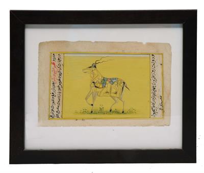 Lot 410 - AN INDIAN WATERCOLOUR FRAGMENT depicting erotic figures forming the body of a Kudu with text