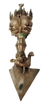 Lot 421 - A TIBETAN BUDDHIST SILVER COLOURED METAL PHURBA OR TRADITIONAL RITUAL IMPLEMENT