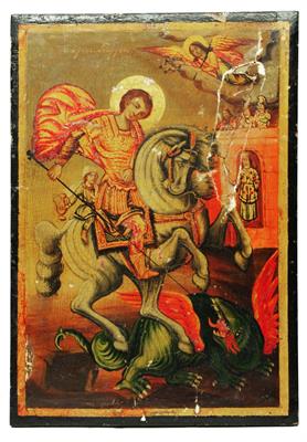 Lot 430 - A RUSSIAN ORTHODOX ICON depicting St George slaying The Dragon