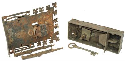 Lot 437 - TWO EARLY SWISS STEEL LOCKS probably 17th/18th Century with key