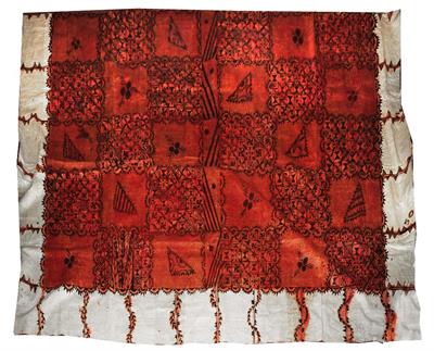 Lot 439 - A LARGE OLD TONGAN TAPA CLOTH decorated with geometric and foliate patterns on squares on a brick