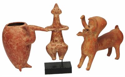 Lot 441 - A GROUP OF THREE REPLICA PERSIAN AMLASH TERRACOTTA ITEMS to include a bull
