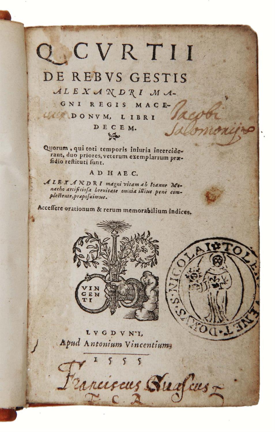 Lot 591 - A 16TH CENTURY LATIN TEXT. Q. Curtii de Rebus Alexanori Magni Regis Macedonum... printed by Michael