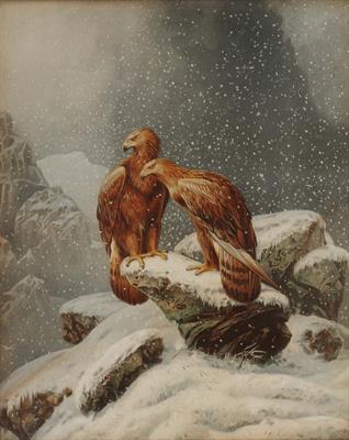 Lot 677 - A 19TH CENTURY CHROMO-LITHOGRAPH - two eagles perched on a rocky outcrop in Winter