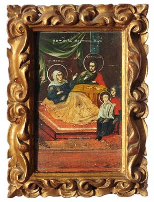 Lot 499 - AN OLD RUSSIAN ICON painted with saint and attendant figures at a table