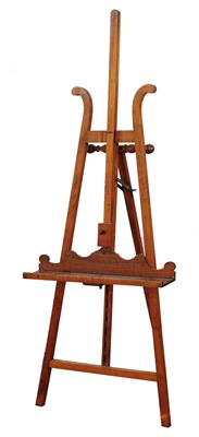 Lot 517 - A LATE VICTORIAN WALNUT FLOOR STANDING EASEL with lyre shaped side supports and height adjustable