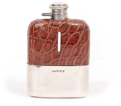 Lot 57 - A FAUX CROCODILE SKIN LEATHER MOUNTED SILVER FLASK