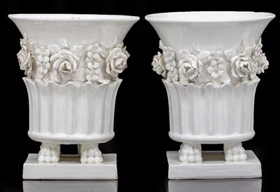 Lot 76 - A PAIR OF LATE 20TH CENTURY SPANISH WHITE GLAZED FLOWER ENCRUSTED JARDINIERES