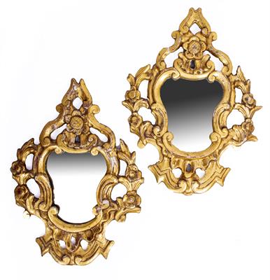 Lot 82 - A PAIR OF ANTIQUE CARVED GILTWOOD FRAMED WALL MIRRORS