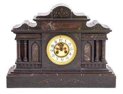 Lot 87 - A BLACK SLATE AND MARBLE MANTLE CLOCK