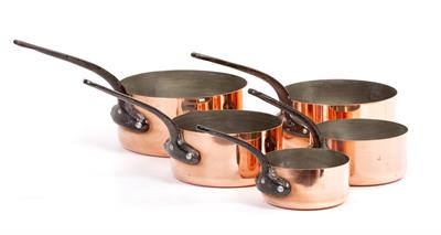 Lot 109 - A GRADUATED SET OF FIVE COPPER SAUCEPANS