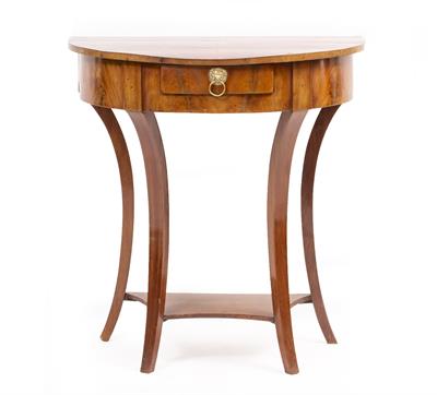 Lot 140 - A 19TH CENTURY WALNUT VENEERED DEMI LUNE TABLE