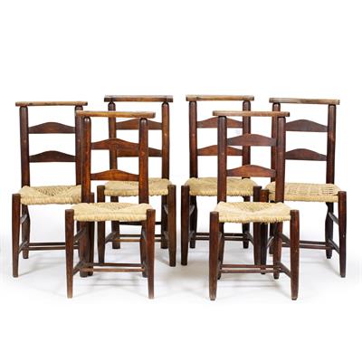 Lot 143 - A SET OF SIX ANTIQUE ELM CHURCH CHAIRS