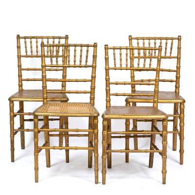 Lot 147 - A SET OF FOUR 20TH CENTURY GILT PAINTED BAMBOO EFFECT CHAIRS