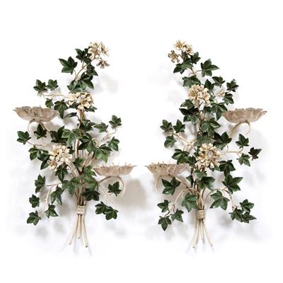 Lot 148 - A PAIR OF WROUGHT METAL PAINTED TWIN BRANCH WALL SCONCES