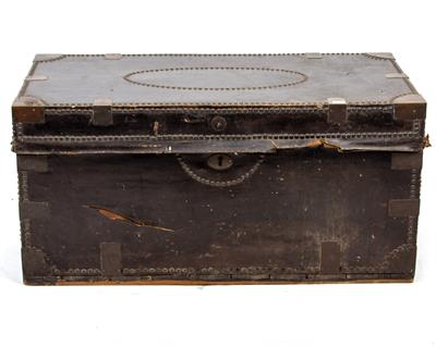 Lot 165 - A 19TH CENTURY LEATHER BOUND BRASS STUDDED CAMPHOR WOOD TRAVELLING TRUNK