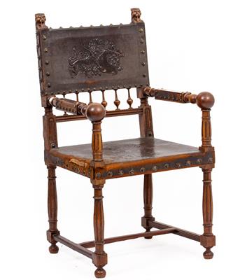 Lot 168 - AN ANTIQUE 17TH CENTURY STYLE FRENCH WALNUT AND LEATHER COVERED ELBOW CHAIR
