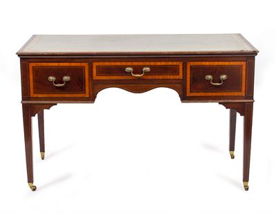 Lot 304 - AN EDWARDIAN STYLE MAHOGANY AND SATINWOOD INLAY DESK