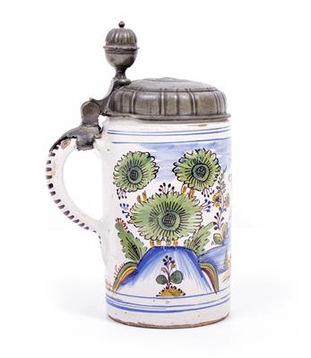 Lot 336 - AN ANTIQUE CONTINENTAL TIN GLAZED TANKARD