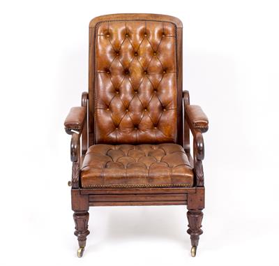 Lot 355 - A WILLIAM IV MAHOGANY FRAMED BROWN LEATHER BUTTON  UPHOLSTERED RECLINING ARMCHAIR