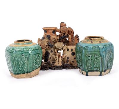 Lot 359 - TWO CHINESE EARTHENWARE GREEN GLAZED GINGER JARS