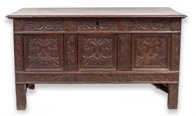 Lot 374 - A 17TH CENTURY CARVED OAK COFFER