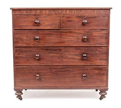 Lot 392 - A 19TH CENTURY MAHOGANY CHEST OF TWO SHORT AND THREE LONG DRAWERS